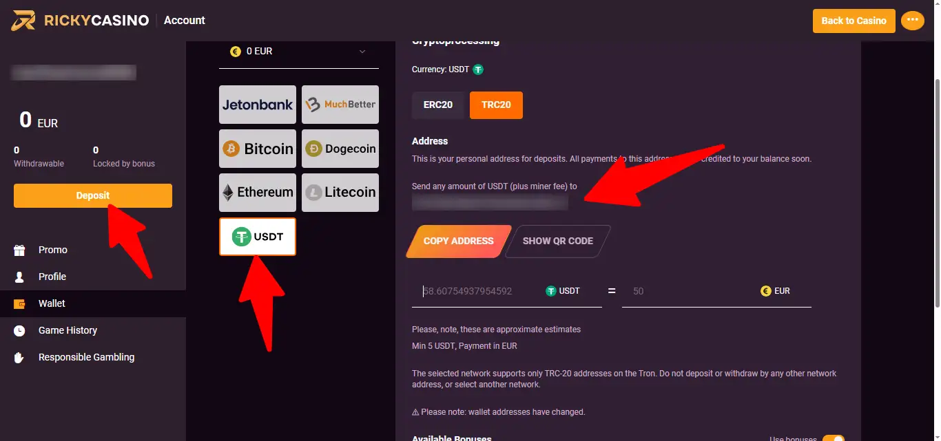 Ricky Casino cashier interface showing deposit and payout methods for Australia